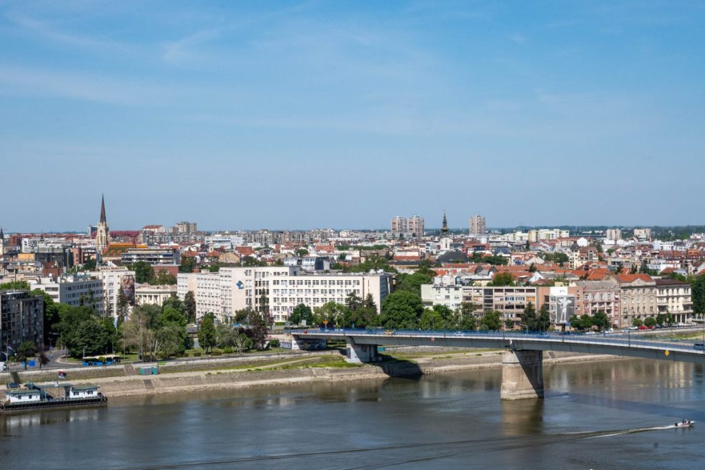 Vue panoramique de Novi Sad avec le Danube et un pont traversant la ville sous un ciel bleu