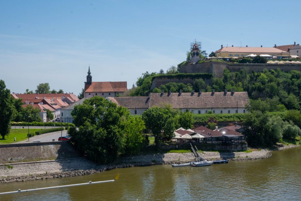 Vue sur la forteresse de Petrovaradin et le Danube avec maisons et verdure au premier plan