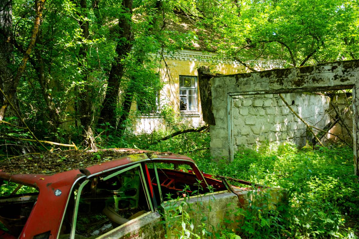 Maison abandonnée envahie par la végétation dans un village de la zone d’exclusion de Tchernobyl